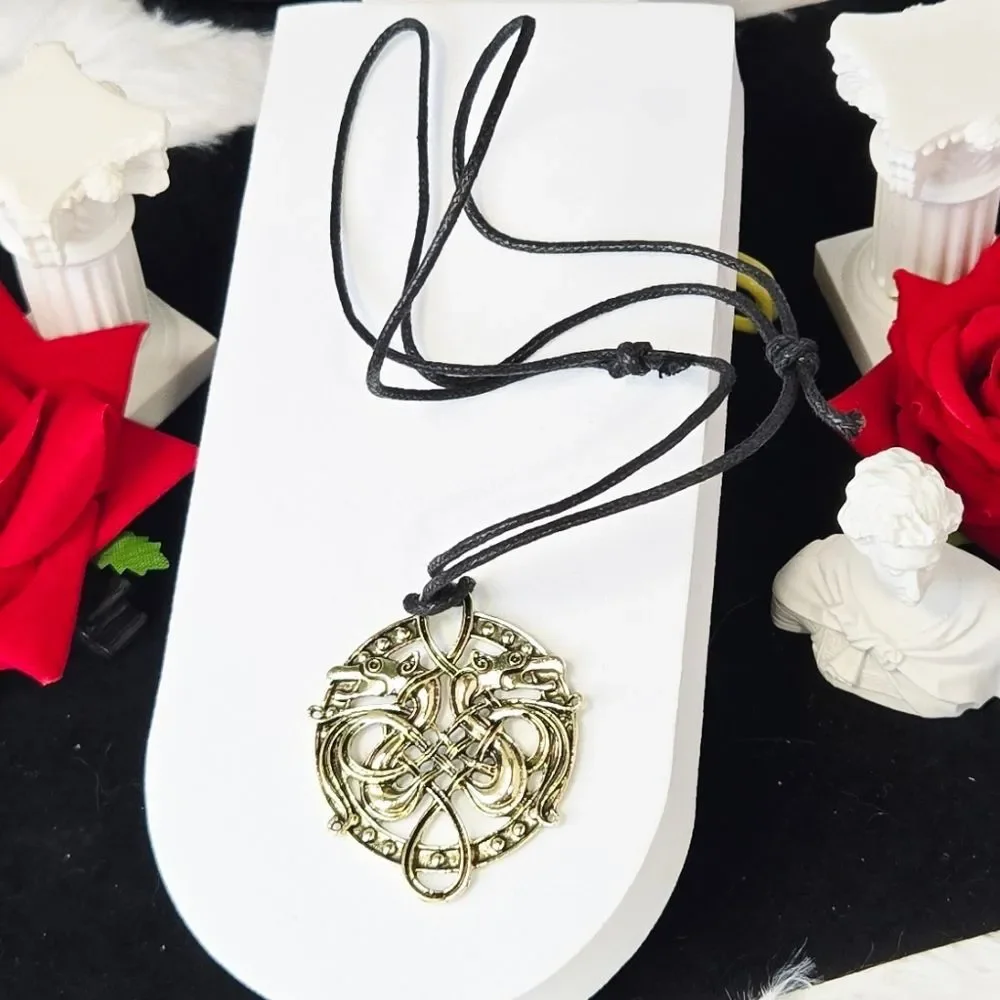 Gold Celtic Twin Wolf Necklace Viking Odin Pendant Rune Knot Adjustable Cord
